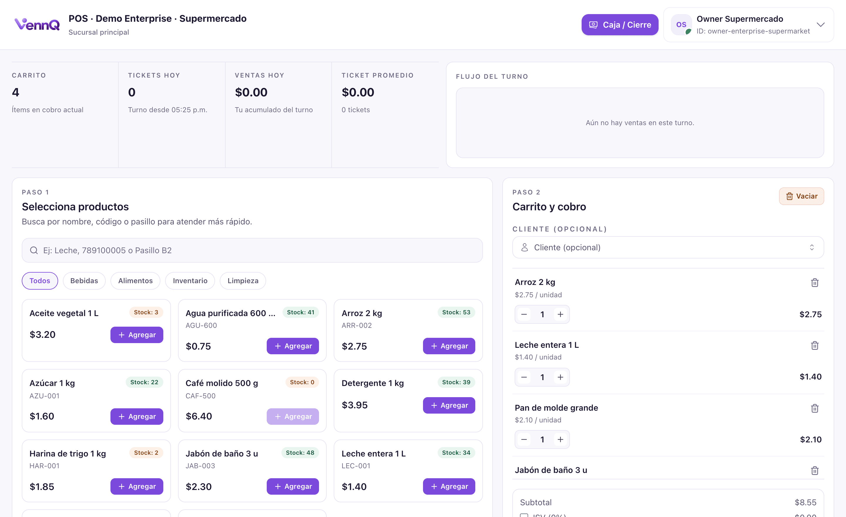 Punto de venta de VennQ: catálogo con precios y existencias a la izquierda, carrito con cuatro productos y el subtotal a la derecha, y los indicadores del turno arriba.